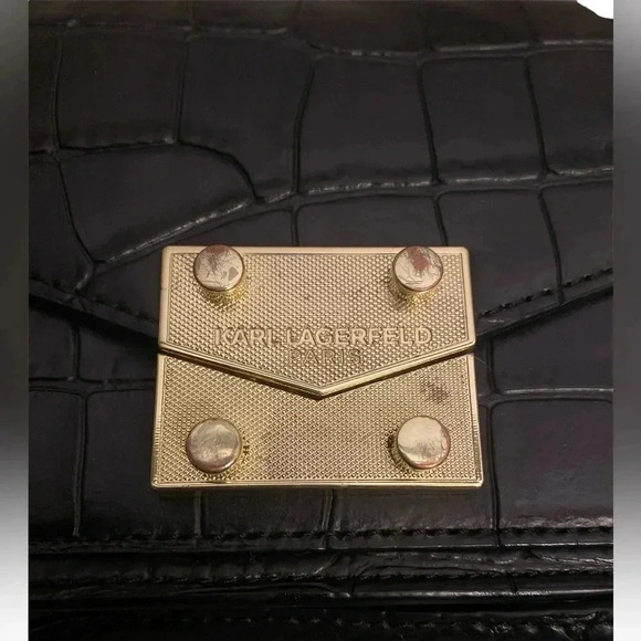 Karl Lagerfeld Paris Corrine Croc Embossed Crossbody Tote Black/Gold Vintage - Picture 3 of 7